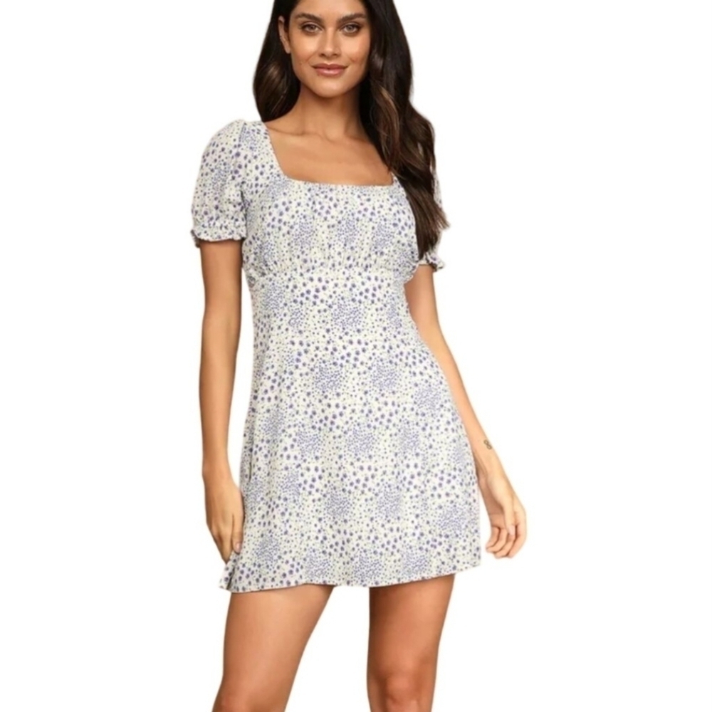 Lulus New A Cute Moment Ivory Floral Print Puff Sleeve Mini Dress Size M